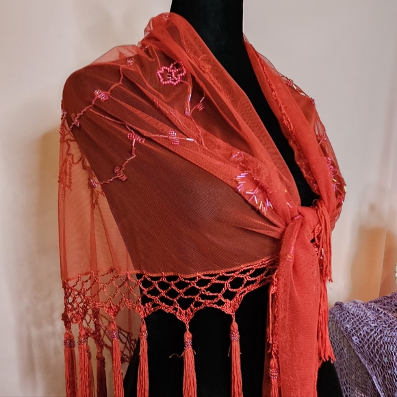 A distinctive Floral Sheer Shawl Showcases Red Beadwork Embroidery. - Picture 5 of 10